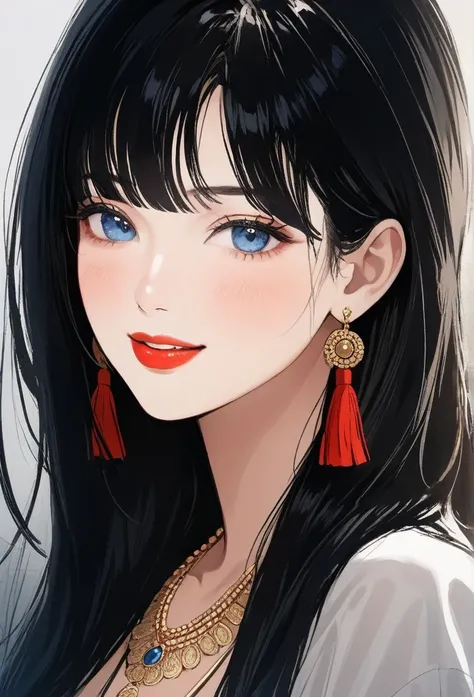 
Hot sexy beautiful women  , detailed lips , detailed blue eyes, big traditional heavy long  tassel earrings , alluring face, necklace , detailed red lipstick  ,black hair, blush , makeup , smiling 