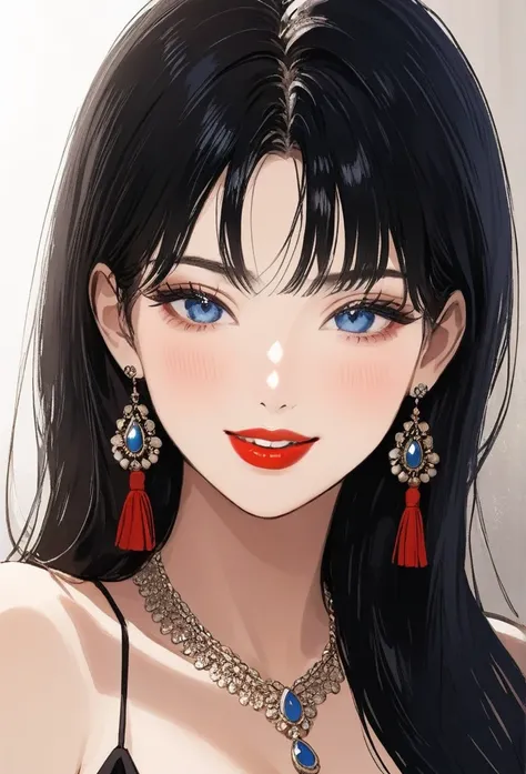 
Hot sexy beautiful women  , detailed lips , detailed blue eyes, big traditional heavy long  tassel earrings , alluring face, necklace , detailed red lipstick  ,black hair, blush , makeup , smiling 