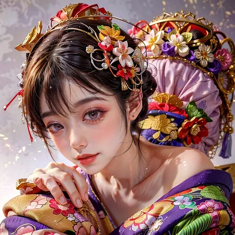 (PUNIPUNI clavicle KIMONO ((offshoulder)) KANZASHI FlowerHairpins Topknot TwinBun Oiran-Hair)High-level, 8K Masterpiece TopQuality, Ultra-detailed CG, Absurd detailed wallpaper, PerfectLighting, Extremely detailed (((Personifying " OIRAN " as a KAWAII Girl...