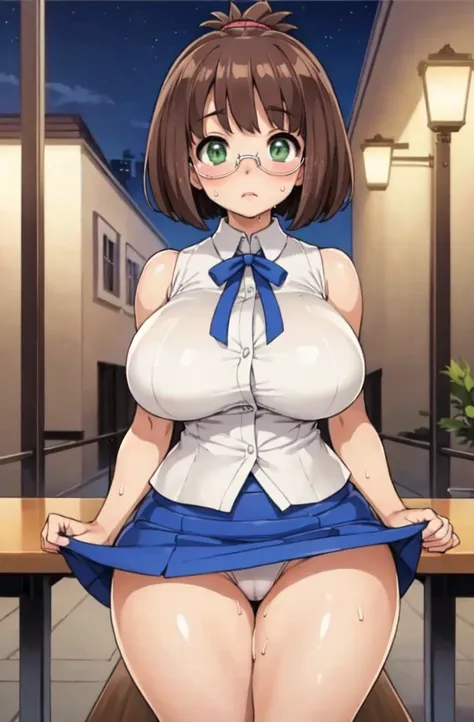 ((Table t○p, Highest quality, High Resolution、Anime Screen Capture、Pixel Perfect, 8K)))、Perfect Anat○my、((((Muscular))))、(((Huge breasts、Wide Hips、Wide thighs)))、(Skirt Lift、Crouching)、((White Panties、The chest is open、White Sleeveless Shirt、Blue Mini Skir...