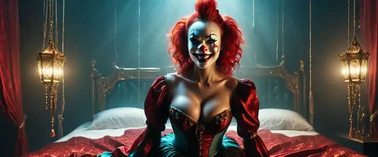 (masterpiece, 8K, UHD, RAW), a sexy girl kissing a evil clown in bed, (((a beautiful young woman riding on top of one huge horrific circus clown with a red nose))), (she rides the male Clown with lustful femininity), her beautiful body is covered by a shee...