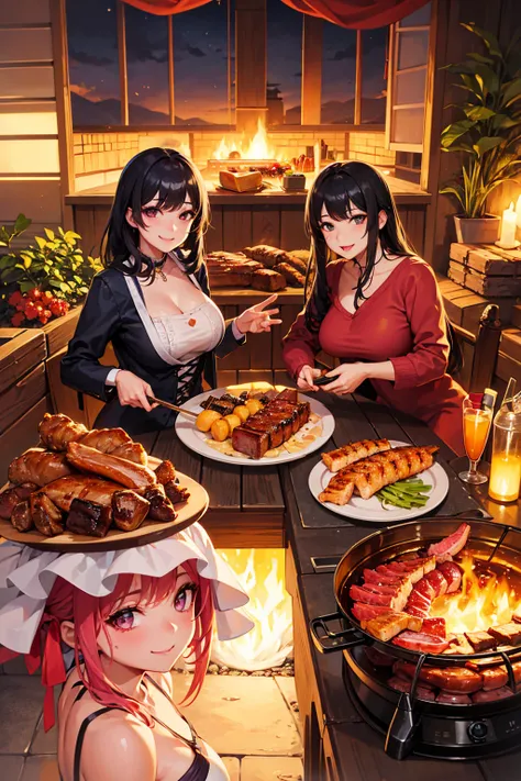 Photorealistic、Highest quality、Highest Resolution、Highest quality、８Ｋ、1人のBeautiful woman、Beautiful woman、Beautiful woman、looks fun、smile、Smile、Grilled meat、BBQ、Grilling meat、eating meat、Grilled meat、looks delicious、