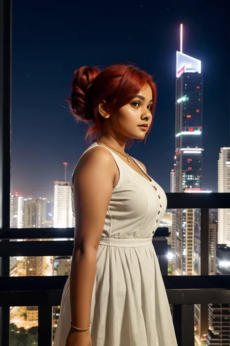 A chubby Indian girl with red hair in messy bun and fair complexion wearing a white frock standing on a high rise building night background 