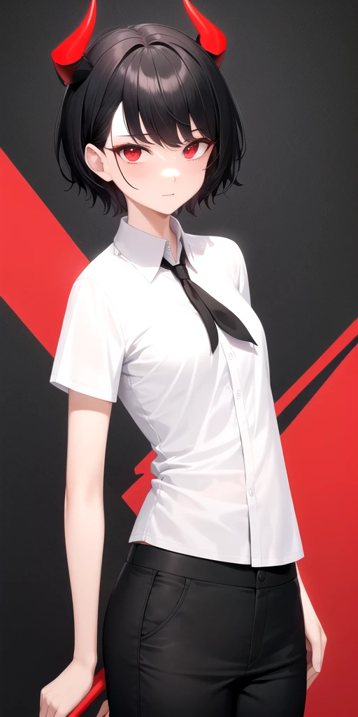 short black hair,  black and white shirt, black pantaloon, Red eyes, horns, dark background 