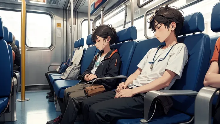 on the train，Sitting，Boy wearing earphones，Are sleeping