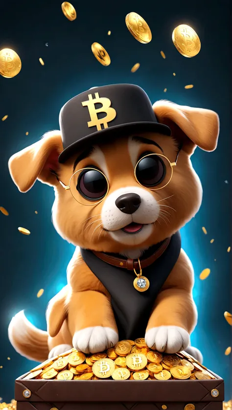 ,Cute puppy、Bitcoin、Cryptocurrency、rich、sunglasses、hat、hatのロゴに「D」It says in large letters:、Dynamic Jumps、Real、photograph、8K、cigar(((Too big diamond 1：9)))、Riding on a big diamond、Gold bars covering the entire wall、Jewels overflowing from a treasure chest((...