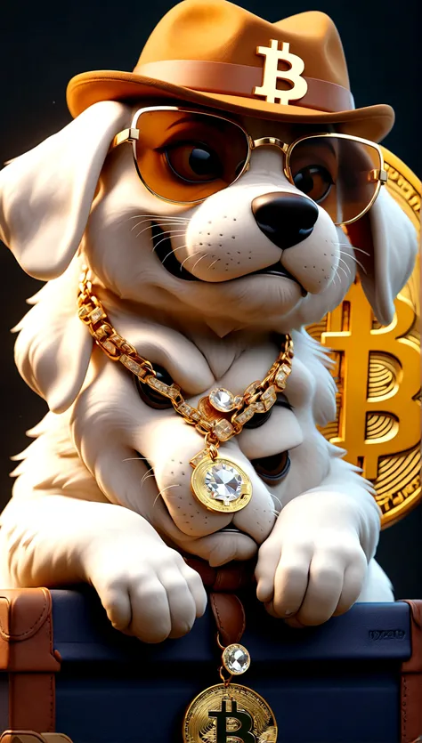 ,Cute puppy、Bitcoin、Cryptocurrency、rich、sunglasses、hat、hatのロゴに「D」It says in large letters:、Dynamic Jumps、Real、photograph、8K、cigar(((Too big diamond 1：9)))、Riding on a big diamond、Gold bars covering the entire wall、Jewels overflowing from a treasure chest((...