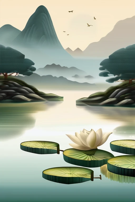 Ink Painting,lake,lotus leaf,lotus,Ink Painting, Traditional Chinese landscape painting, (large areas of white space, One-third composition: 1.3), 羊皮纸上的水彩Ink Painting, Watercolor, Ink Painting, Ink Painting, ((Minimumist)), , Minimum, Beige, White backgrou...