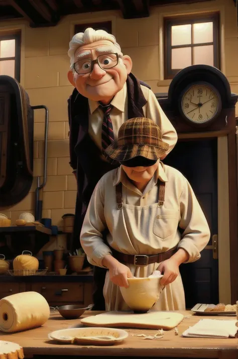 A girl watching an old man make a cake in his bakery 