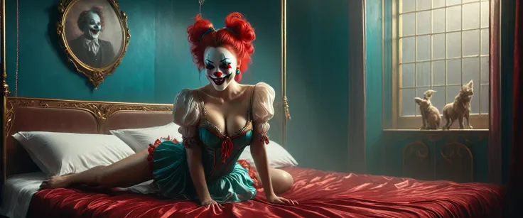 (masterpiece, 8K, UHD, RAW), a sexy girl kissing a evil clown in bed, (((a beautiful young woman riding on top of one huge horrific circus clown with a red nose))), (she rides the male Clown with lustful femininity), her beautiful body is covered by a shee...