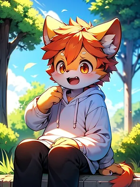 hairy狗，young，Orange hair，White sweatshirt，Black pants，cartoon，hairy，Lovely，Shy，Orange Eyes，Perfect anatomical structure，solitary，sunny，Warm，blushed skin，，open mouth，Smile，Best quality，in the park