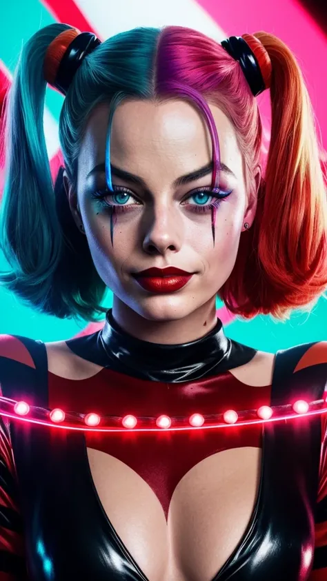 Portrait of Margot Robbie as a clown in the huge , in a closed black and red clown suit, Harley Quinn style, Your face is illuminated by neon lights, He looks like Harley Quinn, violet color, He is standing, Model&#39;s photographic style (Extremely detail...