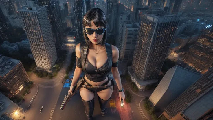 (((at night))), FPS gaming screen view, rooftop, (((high angle view))) of cyberpunk city, unreal engine 5 rendering, (((1Girl, solo))), large breasts, Chest exposed, breast cleavage, wide open ass, slim waist, dynamic seductive pose, ((​masterpiece:1.2)), ...