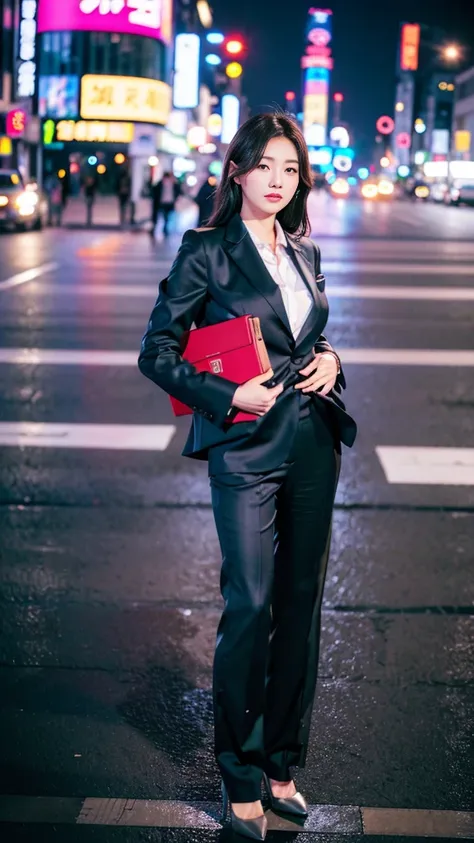 (A woman in a business suit looking at you)、Very beautiful woman、26 year old Japanese woman、Charcoal grey suit and white shirt、Wearing black pumps、(Highest quality、high resolution、High resolution、High definition、masterpiece、16K:1.2)、Woman standing in a fas...