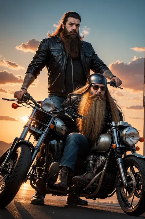 I want a painting with a biker with a massive beard and a motorcycle riding in an aimless place at dusk 