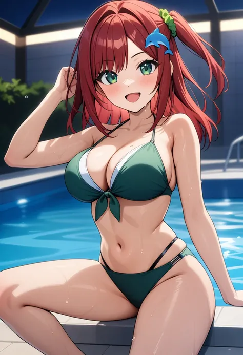 1girl, sakimiya iruka, dolphin wave, red hair, one side up, green scrunchie, hair ornament, green eyes, 
bikini, smile, 
pool, 
masterpiece, best quality, very aesthetic, newest, cinematic lighting, highres, absurdres, incredibly absurdres, 