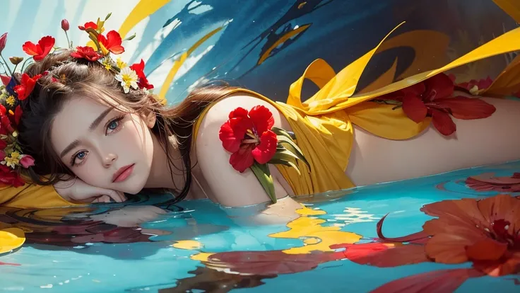 32k, Masterpiece, Highest quality, One girl, Detailed eyes, flower,gladiolus, Yellow and red style,A dreamy, romantic piece,Pale yellow, Mysterious Leaves,A playful arrangement,Fantasy,High Contrast,Ink strokes,explosion,Exposure, Impression of light blue ...