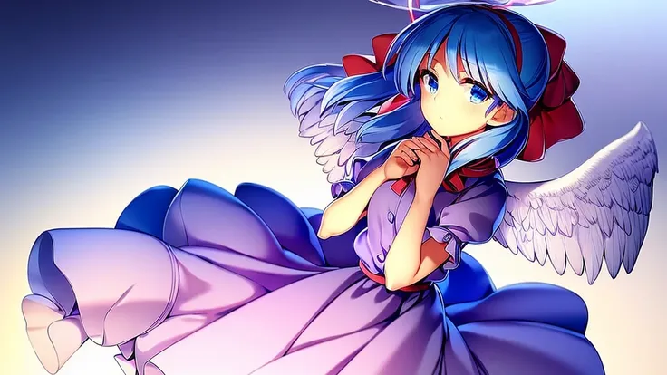 masterpiece, best quality, 1girl, , , 10 years old, medium blue hair, hair flaps, pink ribbon on head, well-formed face, blue eyes, angel girl, white blouse, puffy short sleeves, red ribbon, angel wings, long white skirt, red shoes, frills, ribbon head