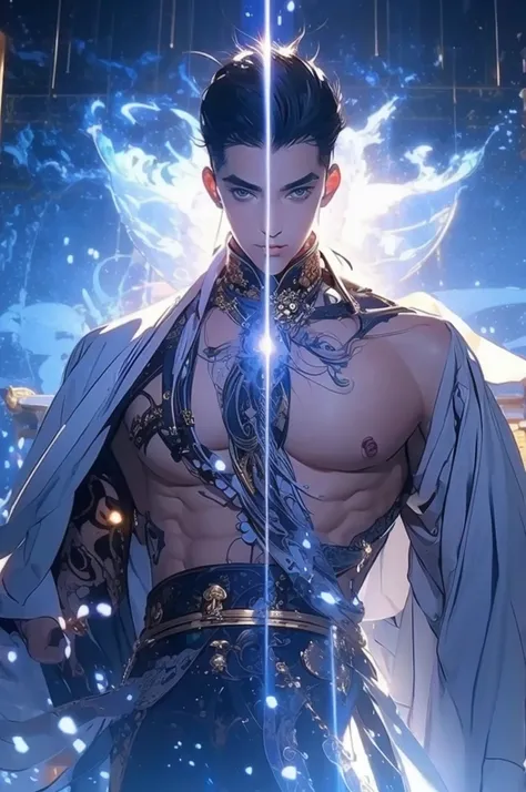 a man in a white robe, black hair, a sword in his left hand, young and handsome man, ponytail, waist-length hair, ancient Chinese clothing, qi, a huge saber, background of ancient Chinese buildings, night, powerful character, purple rays, a beautiful lands...