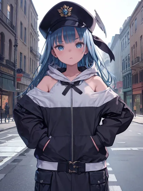 masterpiece,One girl,alone,Long Hair,Blue Hair,hoodie,Off the shoulder:1.2, Mob Cap, street,Hands on hips, Put your hands in your pockets,