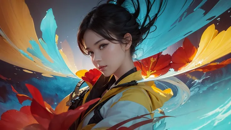 32k, Masterpiece, Highest quality, One girl, Detailed eyes, flower,gladiolus, Yellow and red style,A dreamy, romantic piece,Pale yellow, Mysterious Leaves,A playful arrangement,Fantasy,High Contrast,Ink strokes,explosion,Exposure, Impression of light blue ...