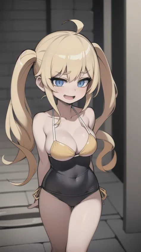 ((masterpiece, best quality)), (1girl), (solo), (female focus), (ahoge, gold hair, twin tail hair), blue eyes, light smile, open mouth, (small bikini),  standing, alley background, piece hand, dynamic angle, huge breast, big breast, shy, blush,