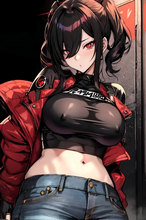 Anime girl,milf,wearing a black croptop,with jeans,red possessed eye grinnning