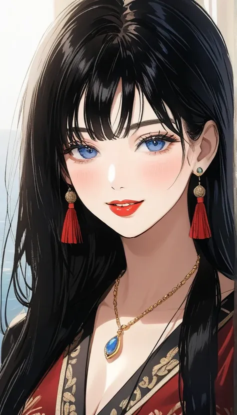 
Hot sexy beautiful women  , detailed lips , detailed blue eyes, big traditional heavy long  tassel earrings , alluring face, necklace , detailed red lipstick  ,black hair, blush , makeup , smiling 