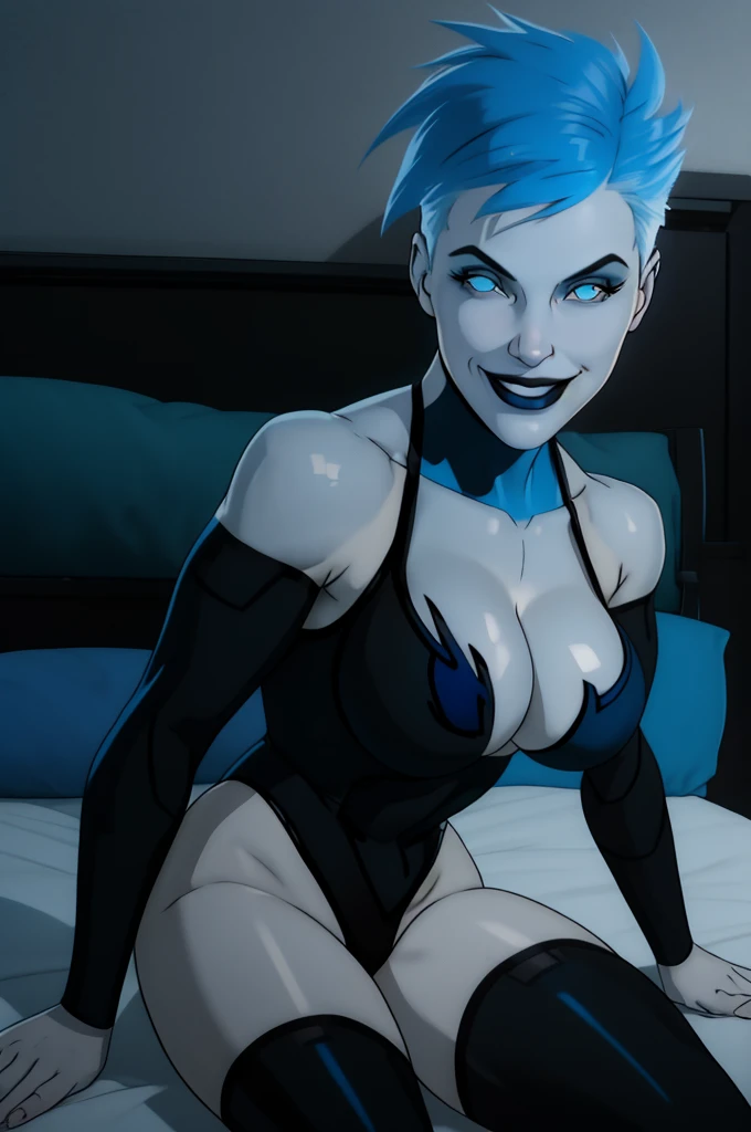 Livewire,blue punk hair, Black pupils, blue eyes smiling, grey skin, LiveBB, leotard,black thighhighs,Breasts, cleavage, thighs, Fallen on bed, BLUE bikini, belly button, smile, insanely detailed, beautiful detailed face, masterpiece, best quality
