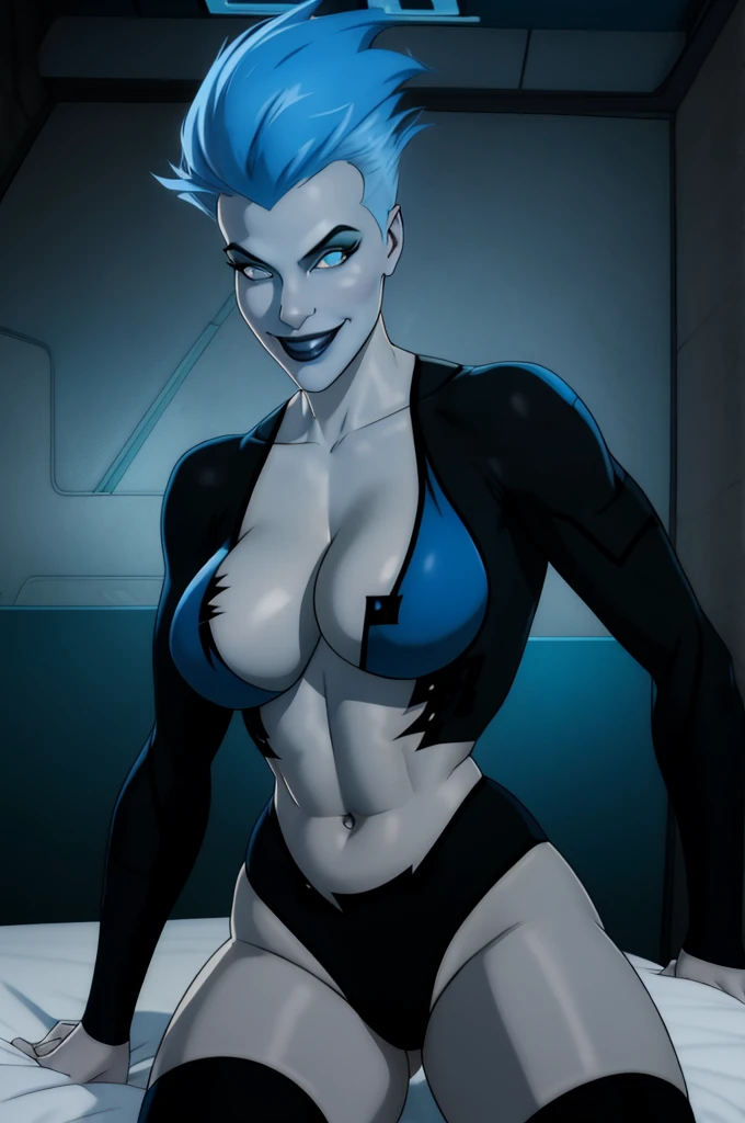 Livewire,blue punk hair, Black pupils, blue eyes smiling, grey skin, LiveBB, leotard,black thighhighs,Breasts, cleavage, thighs, Fallen on bed, BLUE bikini, belly button, smile, insanely detailed, beautiful detailed face, masterpiece, best quality
