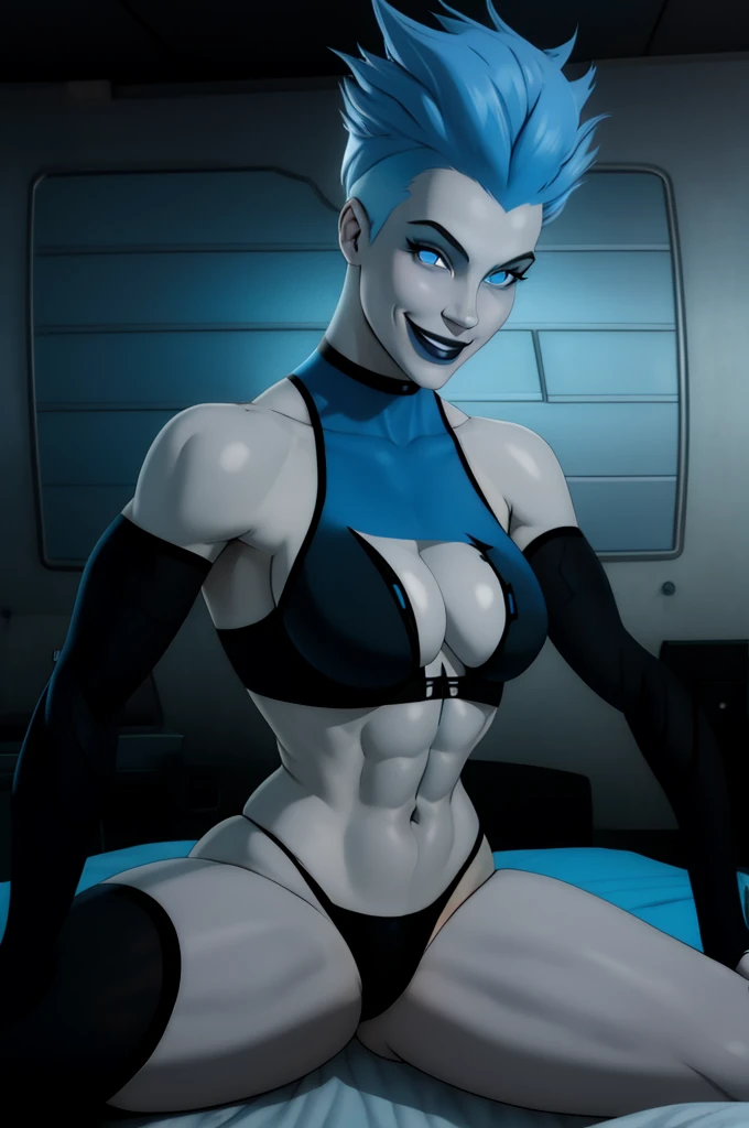 Livewire,blue punk hair, Black pupils, blue eyes smiling, grey skin, LiveBB, leotard,black thighhighs,Breasts, cleavage, thighs, Fallen on bed, BLUE bikini, belly button, smile, insanely detailed, beautiful detailed face, masterpiece, best quality
