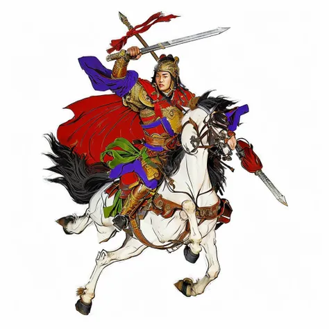 an ancient chinese young warrior, wearing armour, riding a white horse, holding a word and a spear