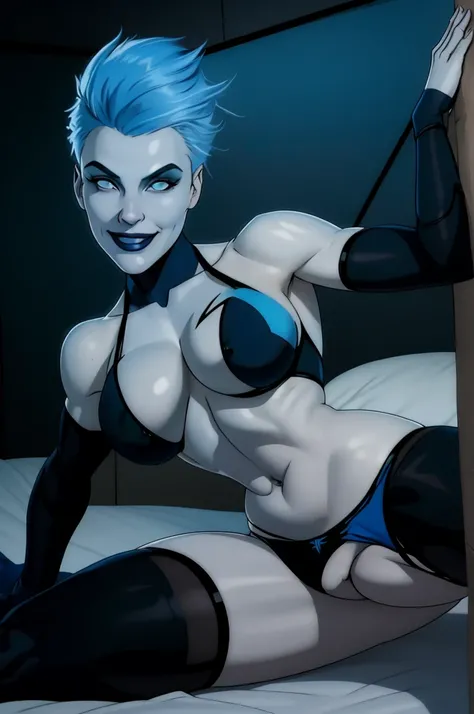 Livewire,blue punk hair, Black pupils, blue eyes smiling, grey skin, LiveBB, leotard,black thighhighs,Breasts, cleavage, thighs, Fallen on bed, BLUE bikini, belly button, smile, insanely detailed, beautiful detailed face, masterpiece, best quality
