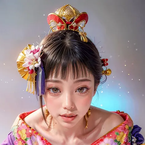 (PUNIPUNI clavicle KIMONO ((offshoulder)) KANZASHI FlowerHairpins Topknot TwinBun Oiran-Hair)High-level, 8K Masterpiece TopQuality, Ultra-detailed CG, Absurd detailed wallpaper, PerfectLighting, Extremely detailed (((Personifying " OIRAN " as a KAWAII Girl...