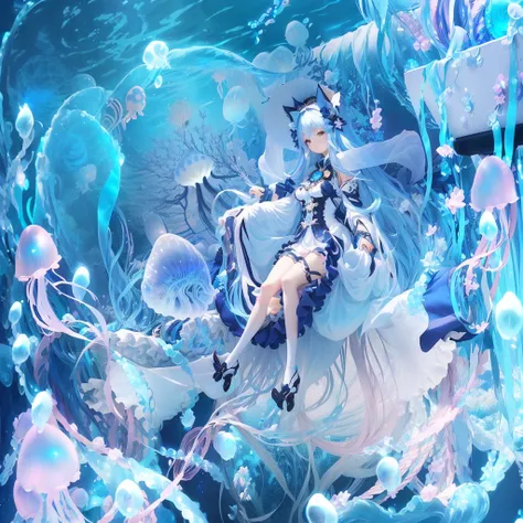 Anime girl sitting on a jellyfish，Surrounded by jellyfish and medusa, Anime Loli, Wallpaper Anime Blue Water, Azur route style, Anime fantasy illustration, From the Azur Lane video game, Beautiful fantasy anime, Popular on artstation pixiv, Zerochan art, A...