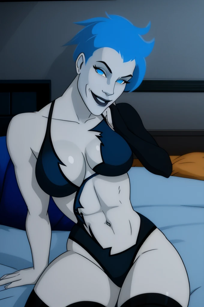 Livewire,blue punk hair, Black pupils, blue eyes smiling, grey skin, LiveBB, leotard,black thighhighs,Breasts, cleavage, thighs, Fallen on bed, BLUE bikini, belly button, smile, insanely detailed, beautiful detailed face, masterpiece, best quality
