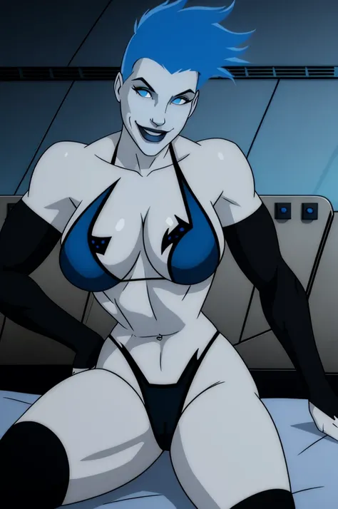 Livewire,blue punk hair, Black pupils, blue eyes smiling, grey skin, LiveBB, leotard,black thighhighs,Breasts, cleavage, thighs, Fallen on bed, BLUE bikini, belly button, smile, insanely detailed, beautiful detailed face, masterpiece, best quality
