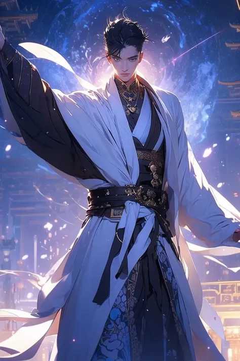 a man in a white robe, black hair, a sword in his left hand, young and handsome man, ponytail, waist-length hair, ancient Chinese clothing, qi, a huge saber, background of ancient Chinese buildings, night, powerful character, purple rays, a beautiful lands...