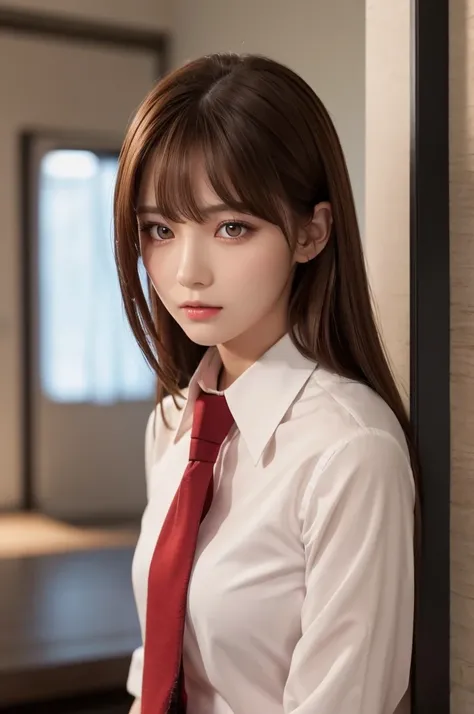 brown hair, necktie, red eyes, looking at viewer, shirt, indoors, black necktie