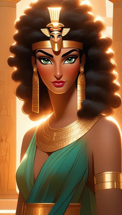 ((Masterpiece)), ((Best Quality)), (Very Detailed), ((Very Detailed)), 4K, (8K), very aesthetic, absurdres highres, 1 woman, brown skin, solo, Cleopatra sits on a luxurious throne in an ancient Egyptian palace, bathed in golden light. She crosses her legs ...