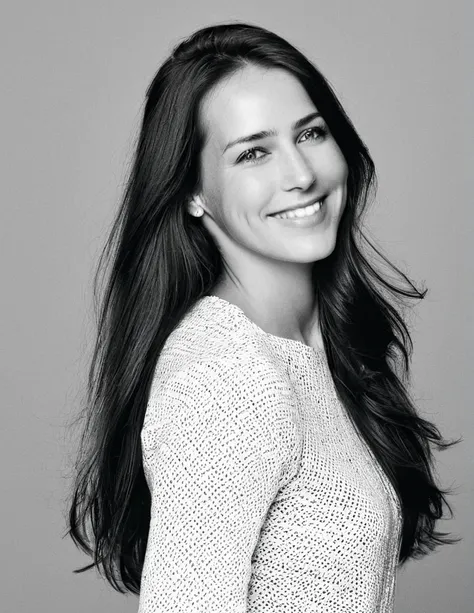 a black and white photograph of stefannie joosten posing in profile. long straight hair falling freely. her expression is joyful...