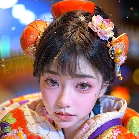 (PUNIPUNI clavicle KIMONO ((offshoulder)) KANZASHI FlowerHairpins Topknot TwinBun Oiran-Hair)High-level, 8K Masterpiece TopQuality, Ultra-detailed CG, Absurd detailed wallpaper, PerfectLighting, Extremely detailed (((Personifying " OIRAN " as a KAWAII Girl...