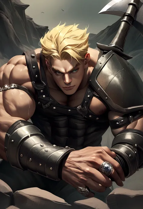 (outstanding、professional、Surreal)、Muscle Barbarian, Blonde short hair, 1 male, Masculinity, Ring Arm Guard, rugged look, Right hand axe,Left hand shield，metallic feel,