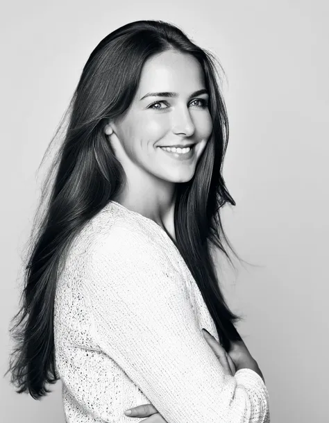 black and white  photoshoot of stefannie joosten posing in profile. long straight hair falling freely. her expression is joyful ...