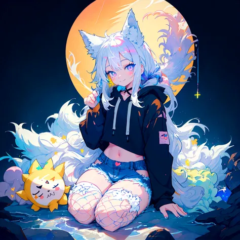 a cute adult male with wolf ears, long white hair, long locks, has a wolf tail, wearing a loose cropped black hoodie, wearing a ...