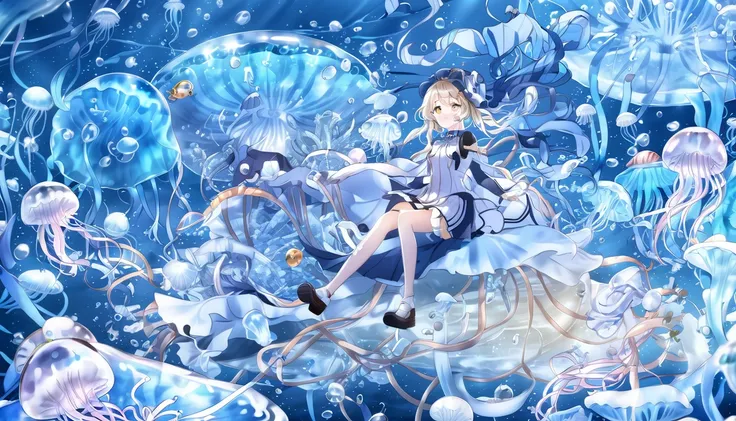 Anime girl sitting on a jellyfish，Surrounded by jellyfish and medusa, Ink art anime loli, Wallpaper Anime Blue Water, Azur route style, Anime fantasy illustration, From the Azur Lane video game, Beautiful fantasy anime, Popular on artstation pixiv, Zerocha...