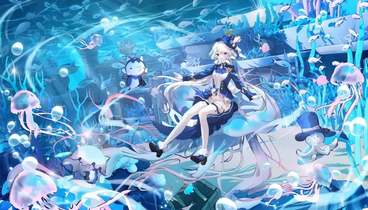 Anime girl sitting on a jellyfish，Surrounded by jellyfish and corals, Ink art anime loli, Wallpaper Anime Blue Water, Azur route style, Anime fantasy illustration, From the Azur Lane video game, Beautiful fantasy anime, Popular on artstation pixiv, Zerocha...