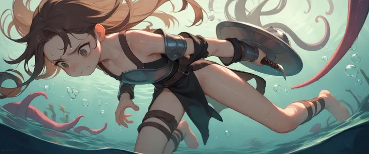 Partially underwater,最high quality,high quality, 4-year-old, , Long Hair, Brown Hair, Wet Hair, Flat Chest,Dark underground labyrinth,No light,Leather armor,Equipped with a dagger and a shield,Face above water,Body in water, Underwater Photography,The robe...