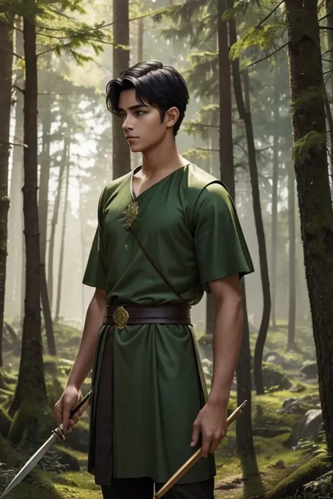 handsome teenager wearing very short green Roman tunic and holding spear, very short black hair, forest background