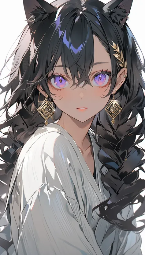 the young woman has a very long black hair and purple eyes in this picture, 1girl, solo, dark skin, dark-skinned female, animal ears, long hair, jewelry, purple eyes, looking at viewer, purple hair, earrings